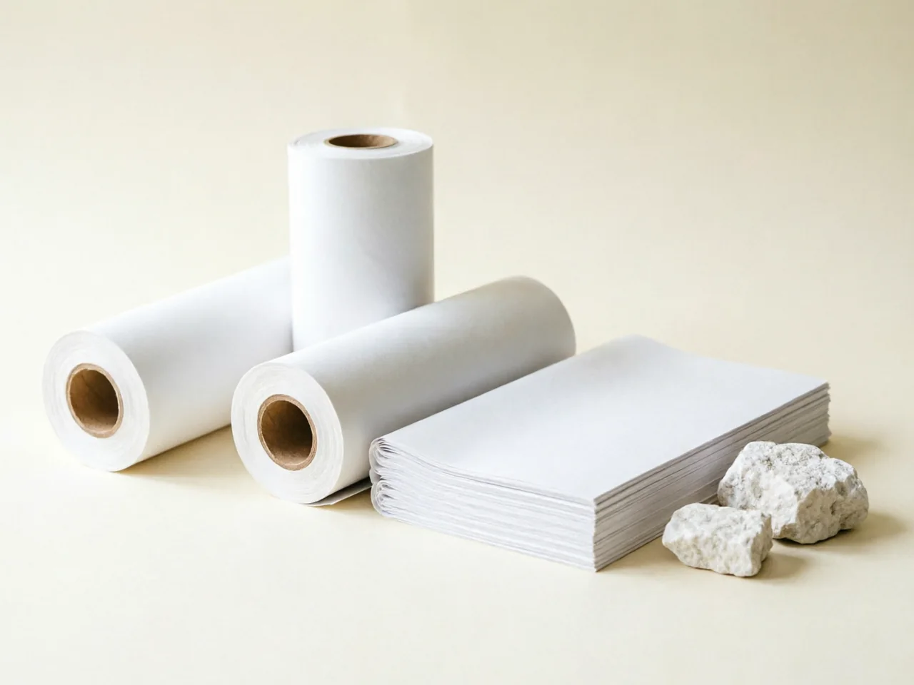 Rolls and sheets of white stone paper beside pieces of limestone — illustrative image